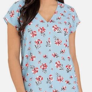 Hilary Radley Light Blue V-Neck Blouse with Red Floral Pattern Size Large